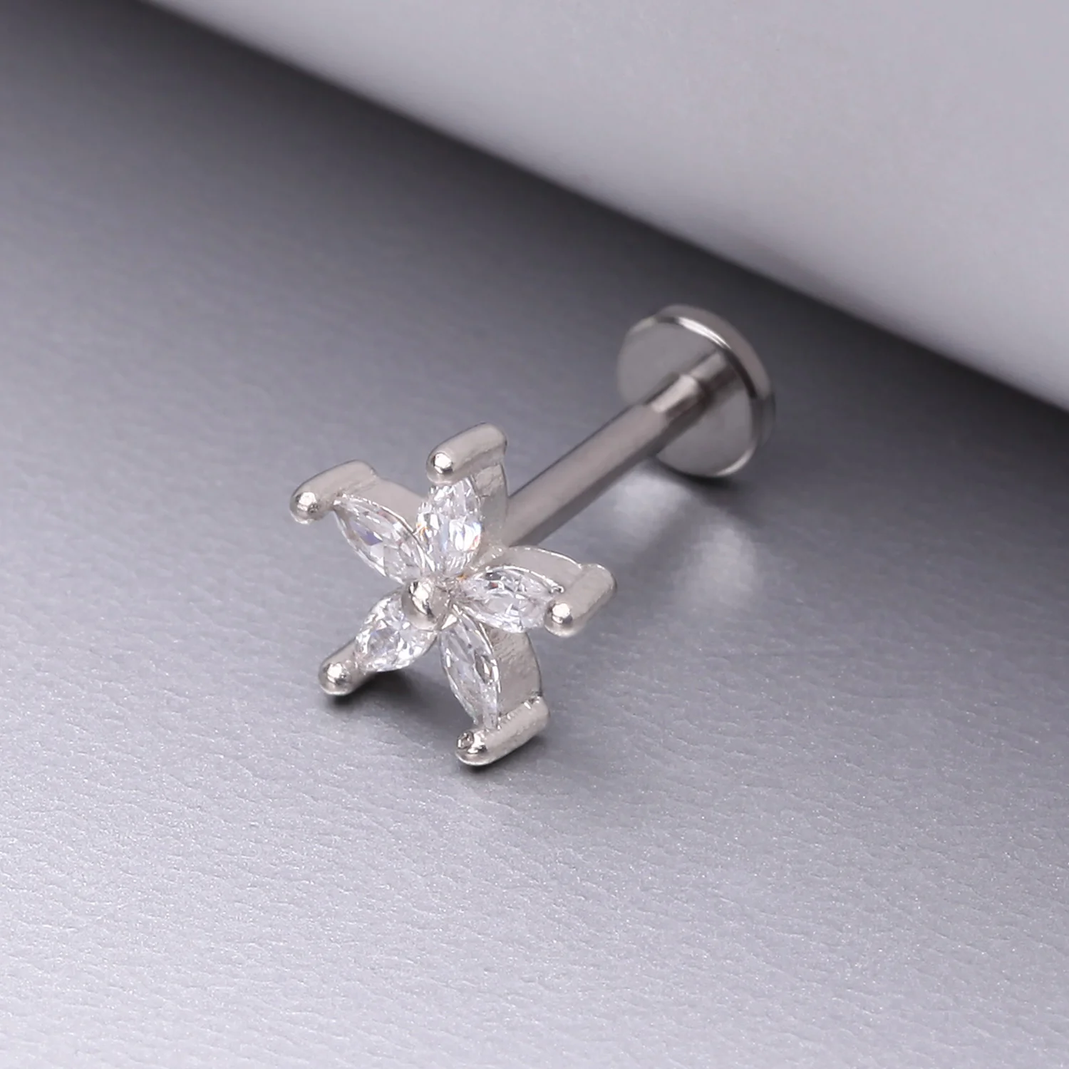 Marquise Flower Sparkle Top Internally Threaded Steel Flat Back Stud Labret - Image 2