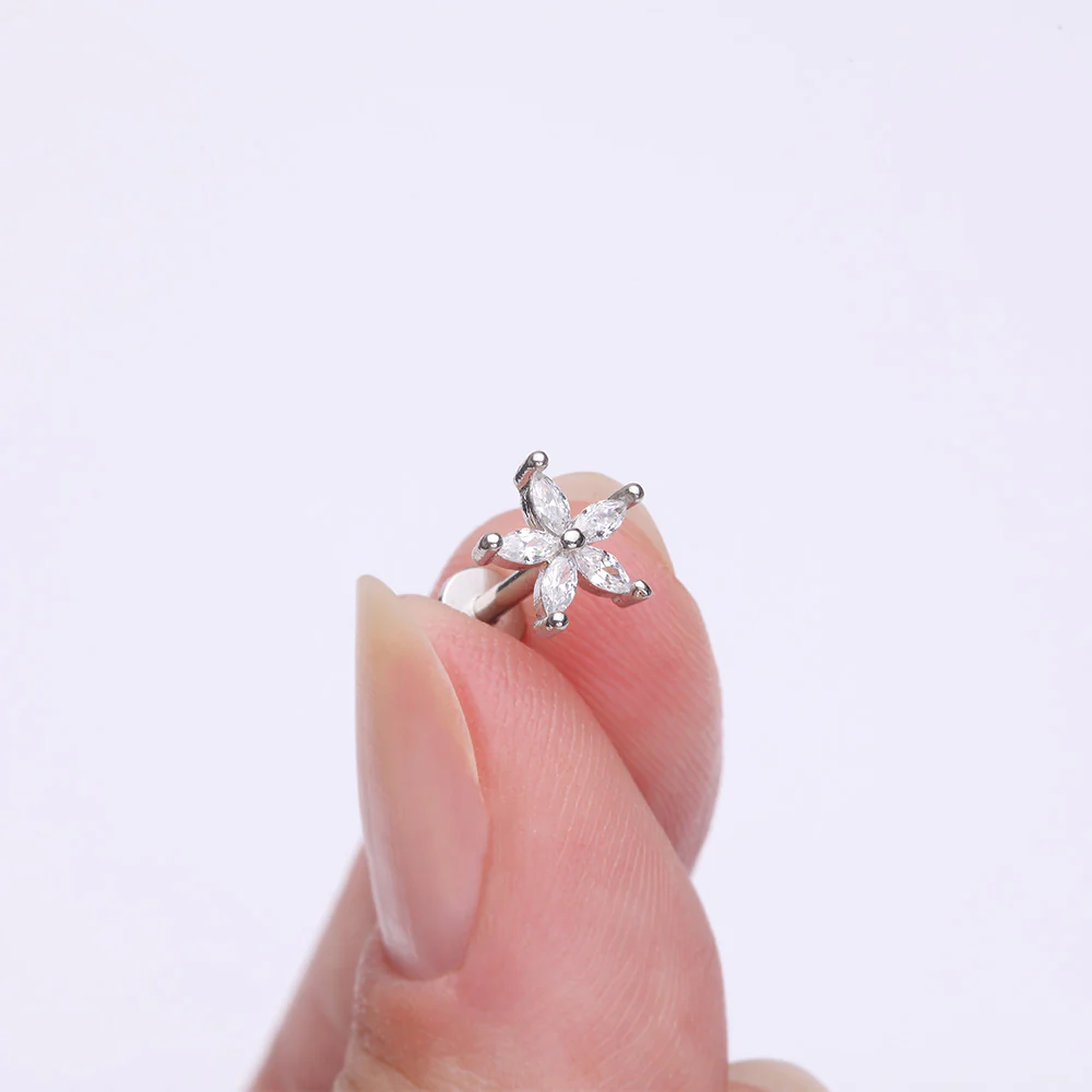 Marquise Flower Sparkle Top Internally Threaded Steel Flat Back Stud Labret - Image 3