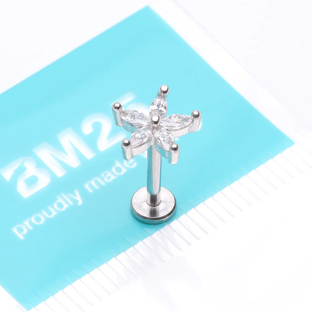 Marquise Flower Sparkle Top Internally Threaded Steel Flat Back Stud Labret - Image 4