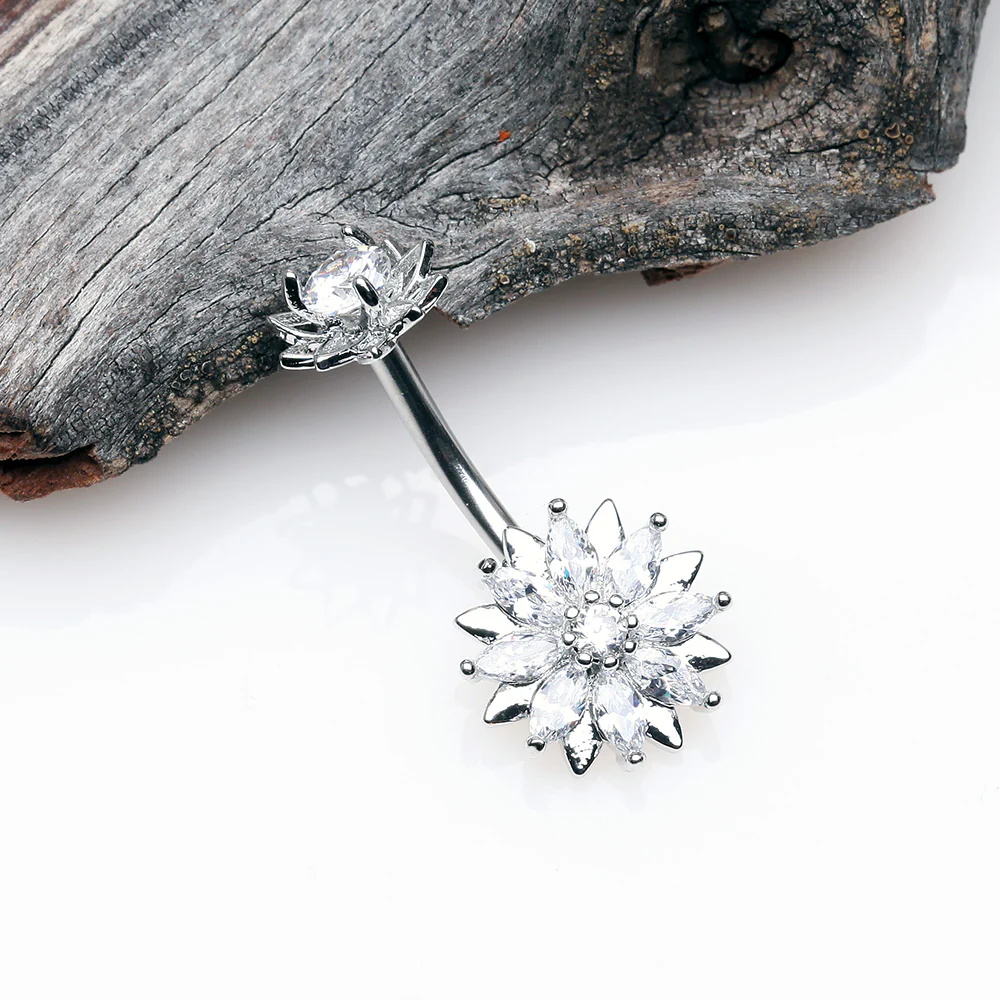 Marquise Sparkle Flower Internally Threaded Belly Button Ring - Image 3