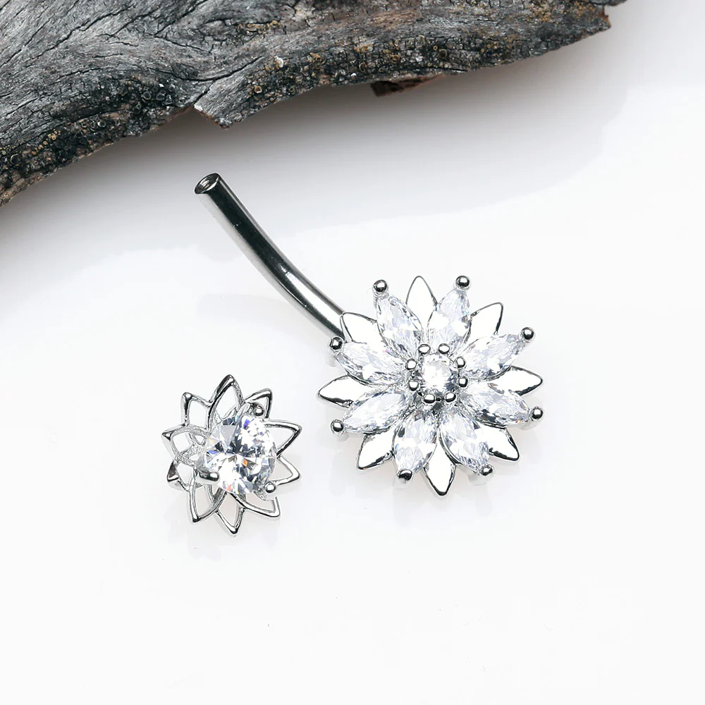 Marquise Sparkle Flower Internally Threaded Belly Button Ring - Image 4