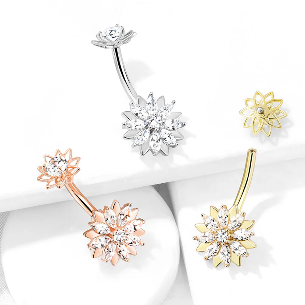 Marquise Sparkle Flower Internally Threaded Belly Button Ring - Image 5