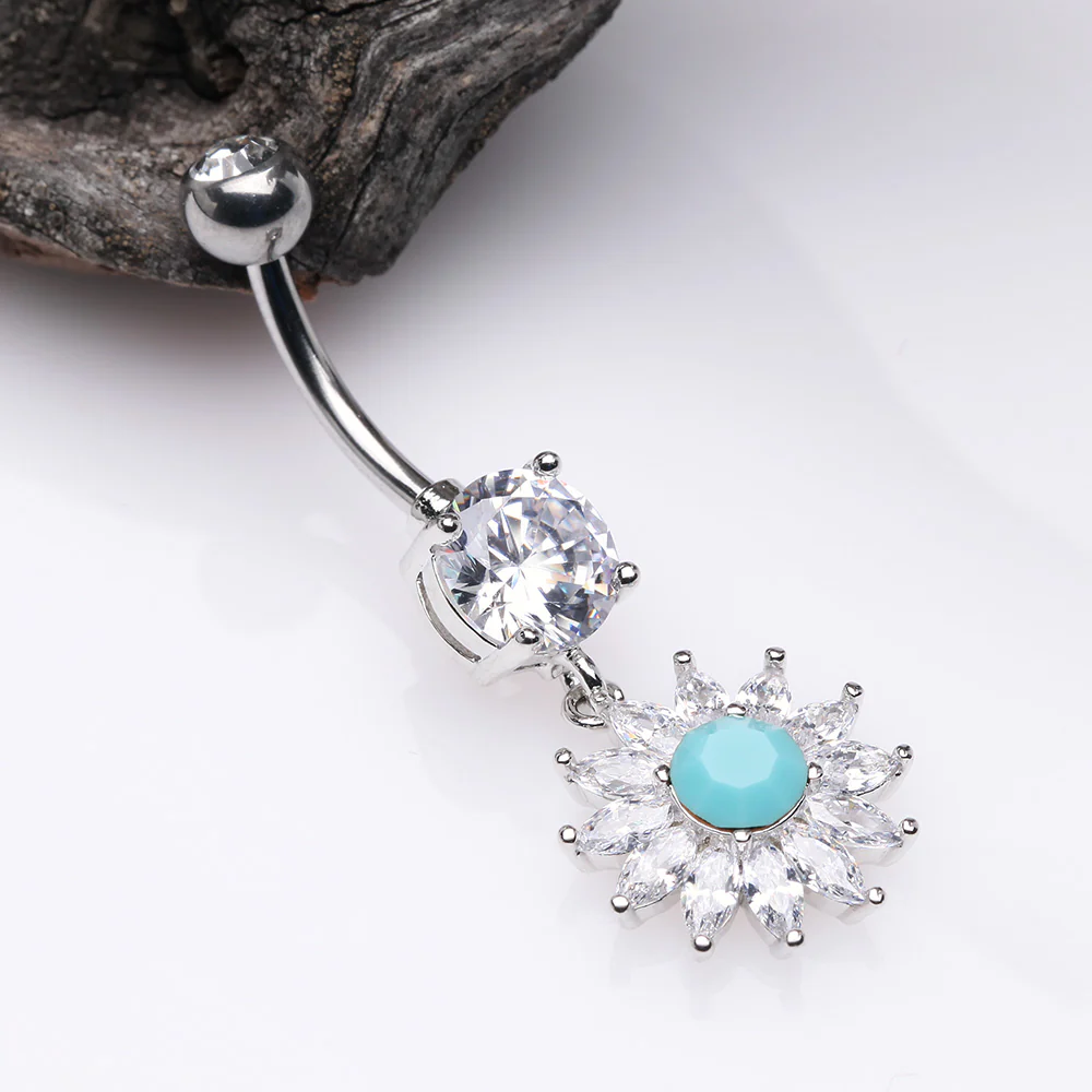 Marquise Sparkle Rays Turquoise Flower Belly Button Ring - Image 3