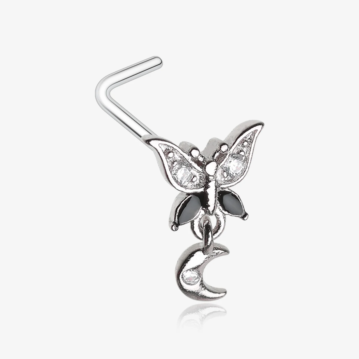 Midnight Butterfly Sparkle Crescent Moon Dangle L-Shaped Nose Ring