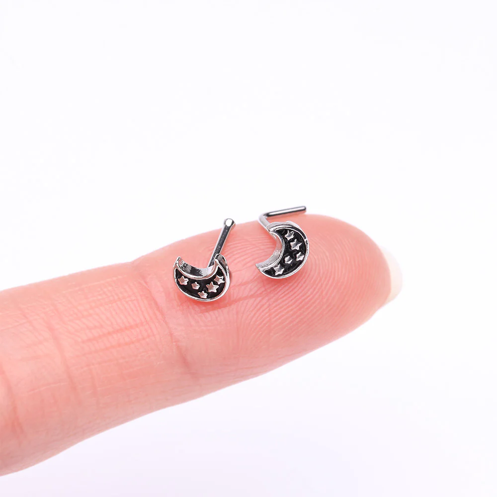 Midnight Crescent Moon Inner Stars Nose Stud Ring - Image 3