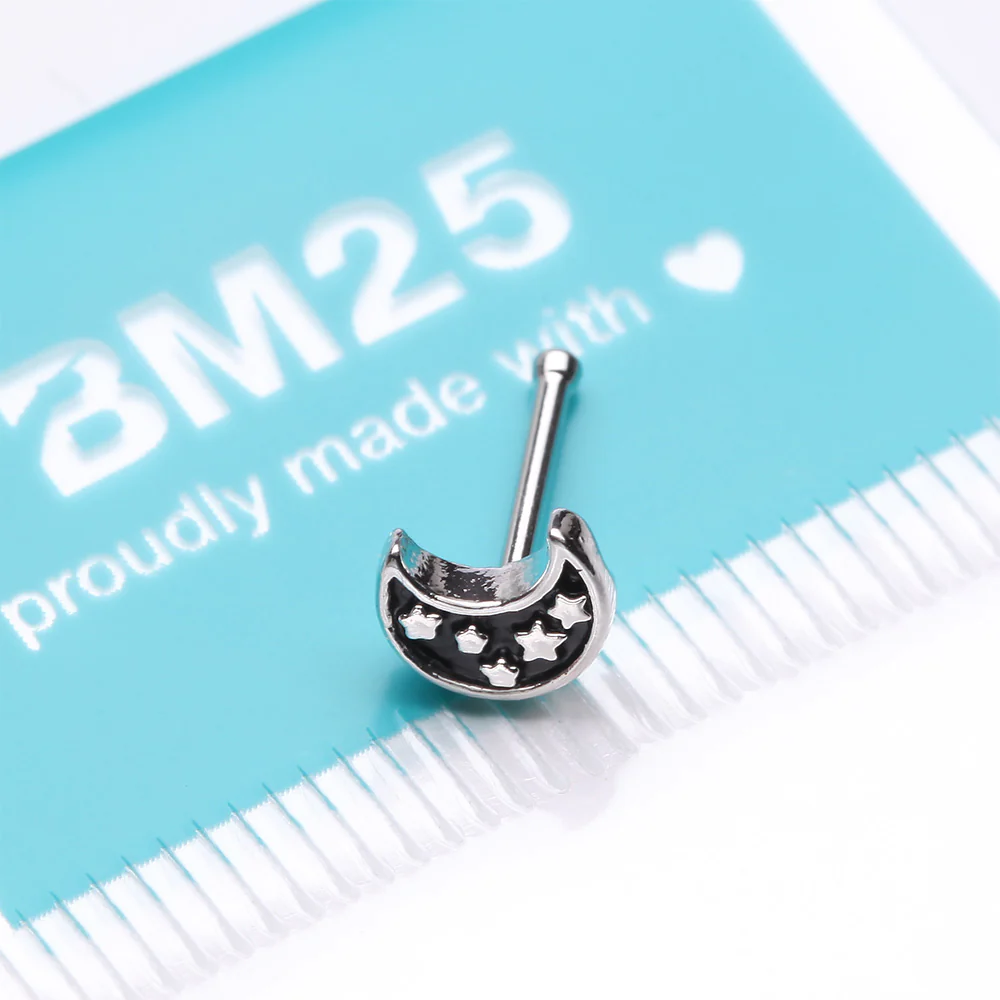 Midnight Crescent Moon Inner Stars Nose Stud Ring - Image 4
