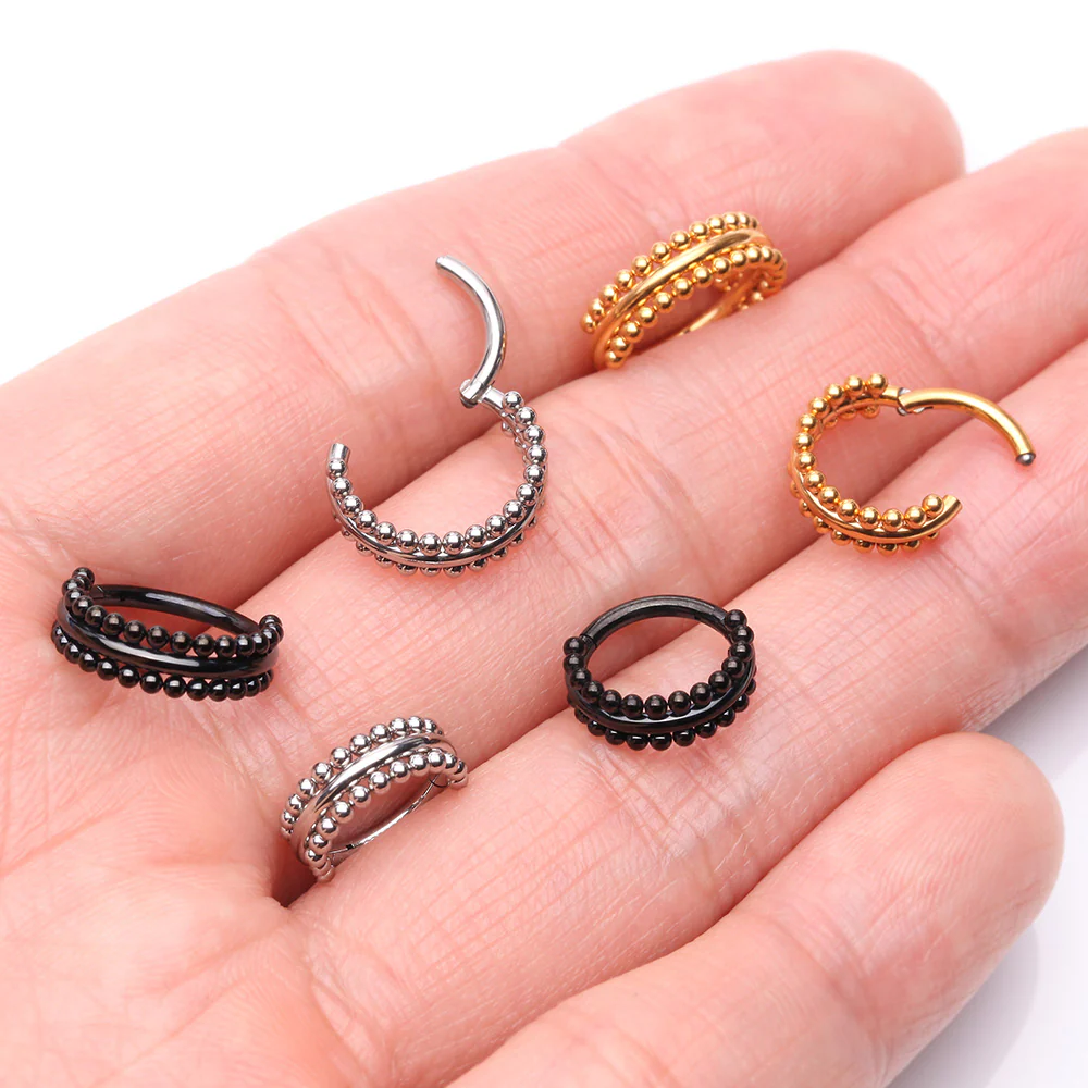 Milgrain Beads Laced Steel Seamless Clicker Hoop Ring - Image 4