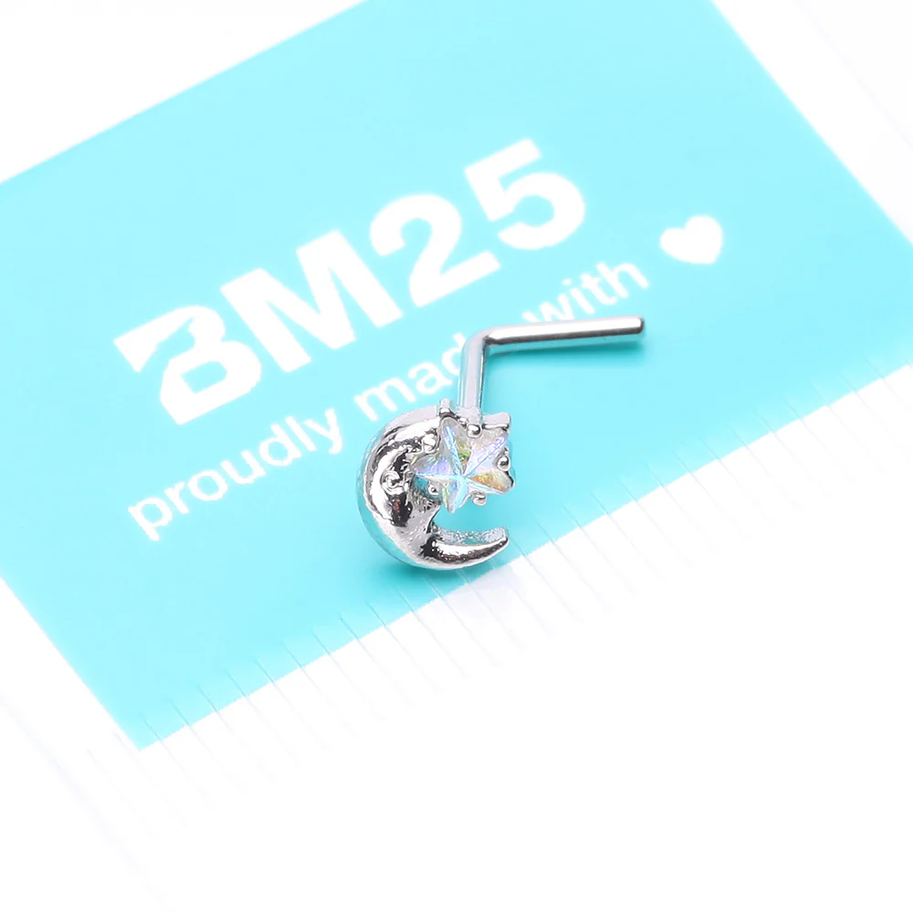 Nighty Night Crescent Moon Sparkle Star L-Shaped Nose Ring - Image 5