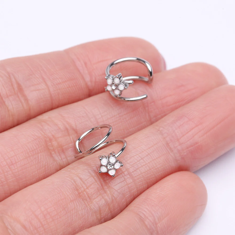Opalescent Opal Sparkle Flower Double Hoop Non-Piercing Nose Cuff - Image 4