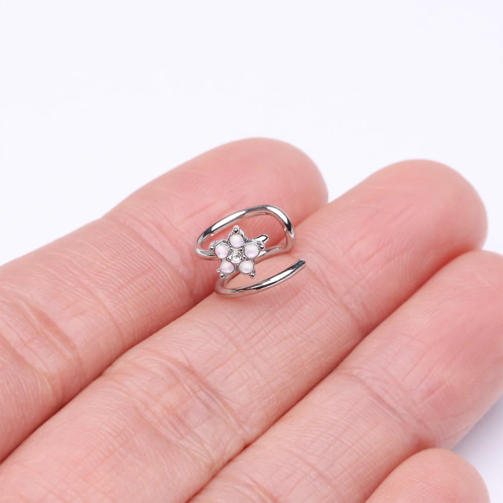 Opalescent Sparkle Flower Double Hoop Non-Piercing Cartilage Helix Ear Clip Cuff - Image 3