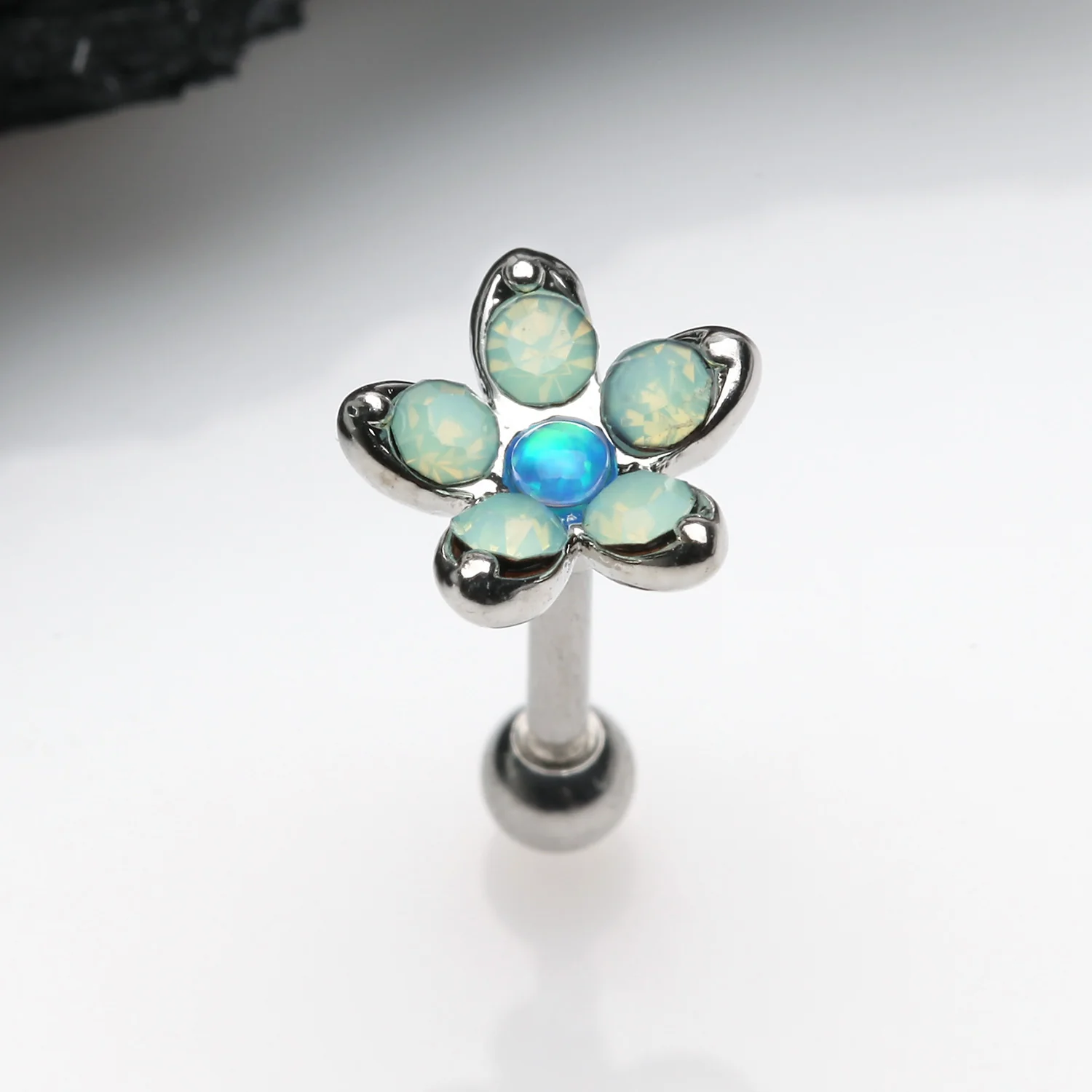 Opalite Delight Fire Opal Flower Cartilage Tragus Barbell Earring - Image 2