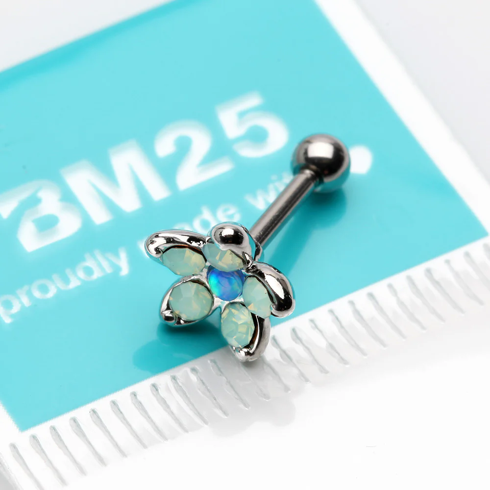 Opalite Delight Fire Opal Flower Cartilage Tragus Barbell Earring - Image 3