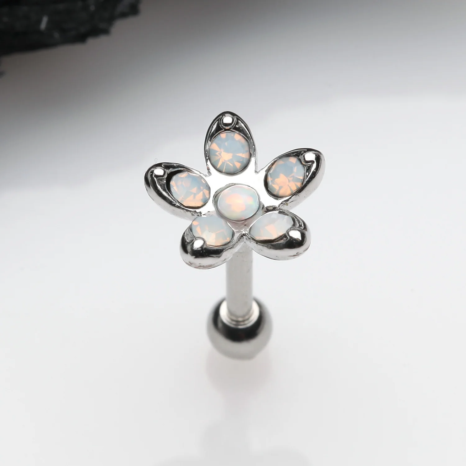 Opalite Delight Fire Opal Flower Cartilage Tragus Barbell Earring - Image 2