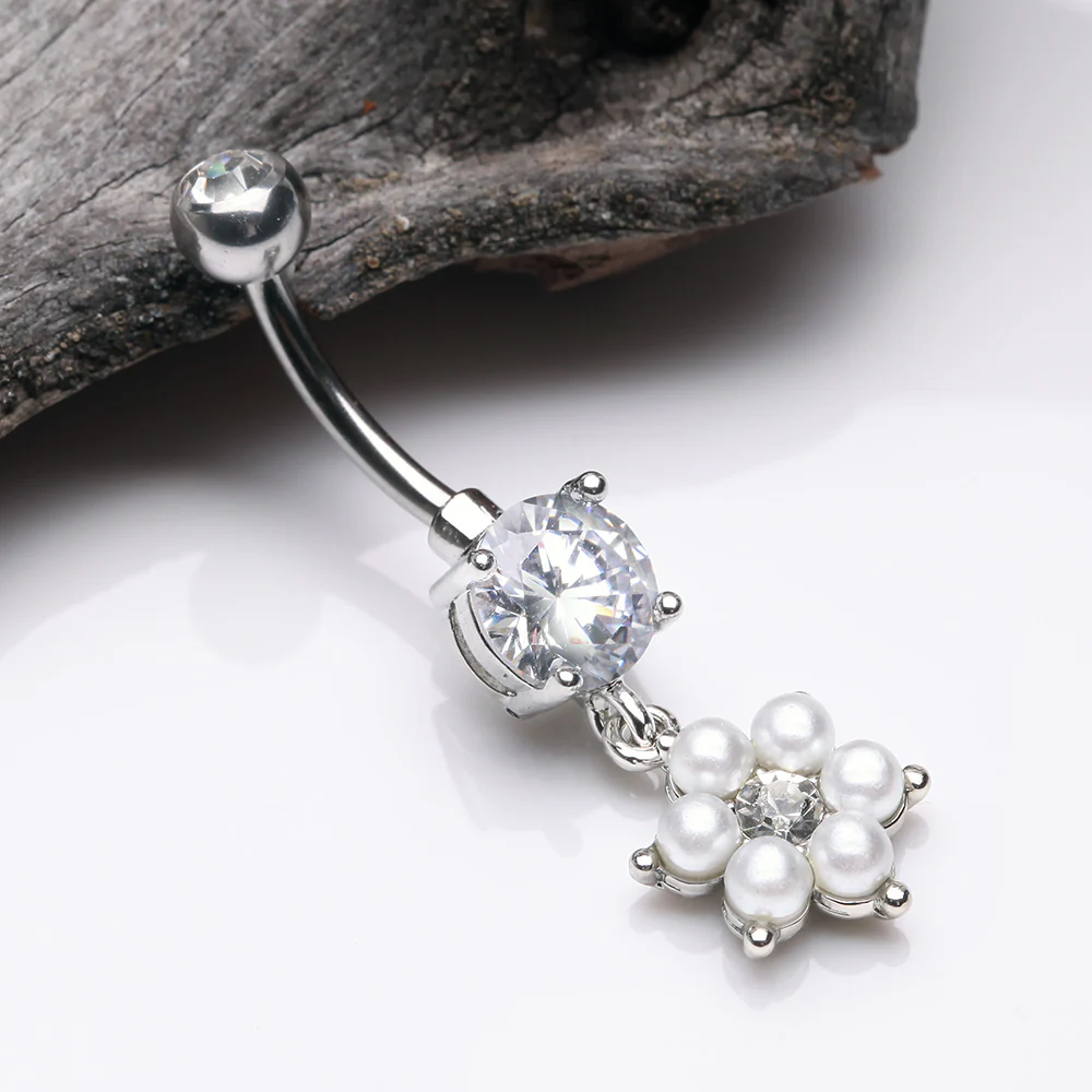 Pearlescent Spring Flower Sparkle Dangle Belly Button Ring - Image 3
