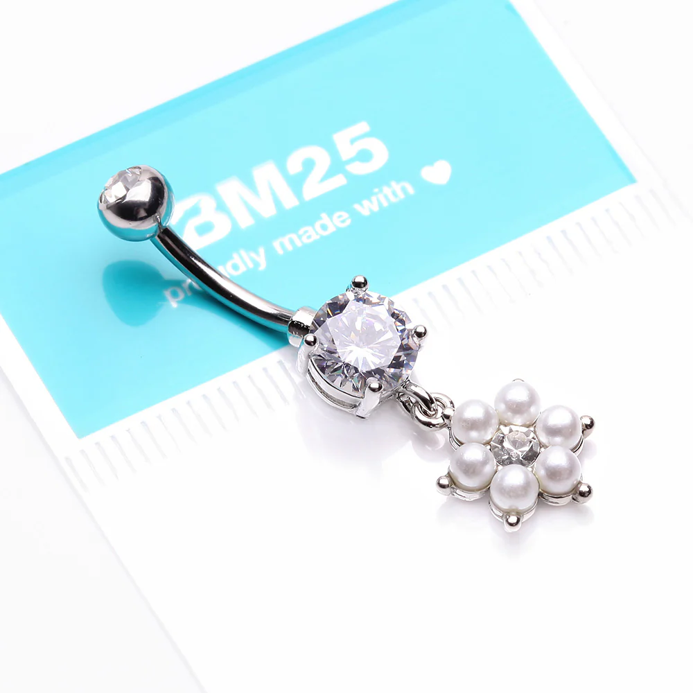Pearlescent Spring Flower Sparkle Dangle Belly Button Ring - Image 4