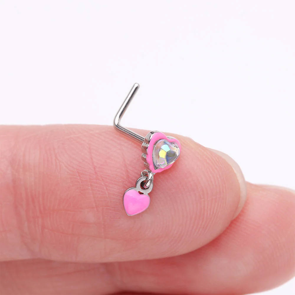Pink Power Iridescent Puffy Heart Dangle L-Shaped Nose Ring - Image 3
