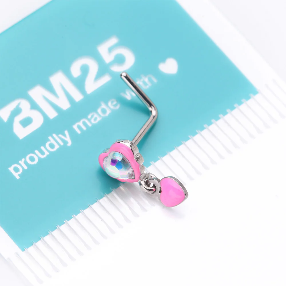 Pink Power Iridescent Puffy Heart Dangle L-Shaped Nose Ring - Image 5