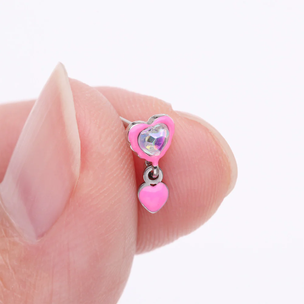 Pink Power Iridescent Puffy Heart Dangle Nose Stud Ring - Image 3