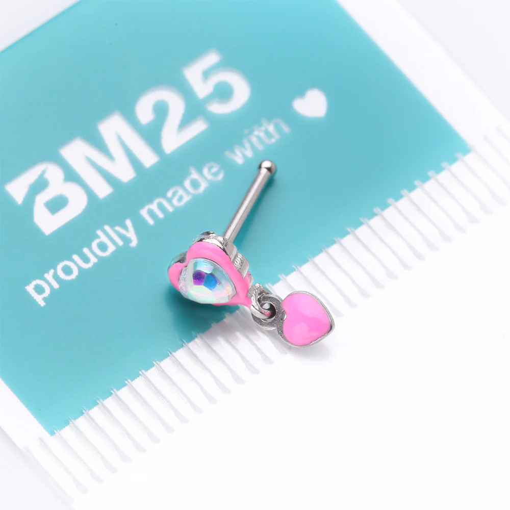 Pink Power Iridescent Puffy Heart Dangle Nose Stud Ring - Image 5