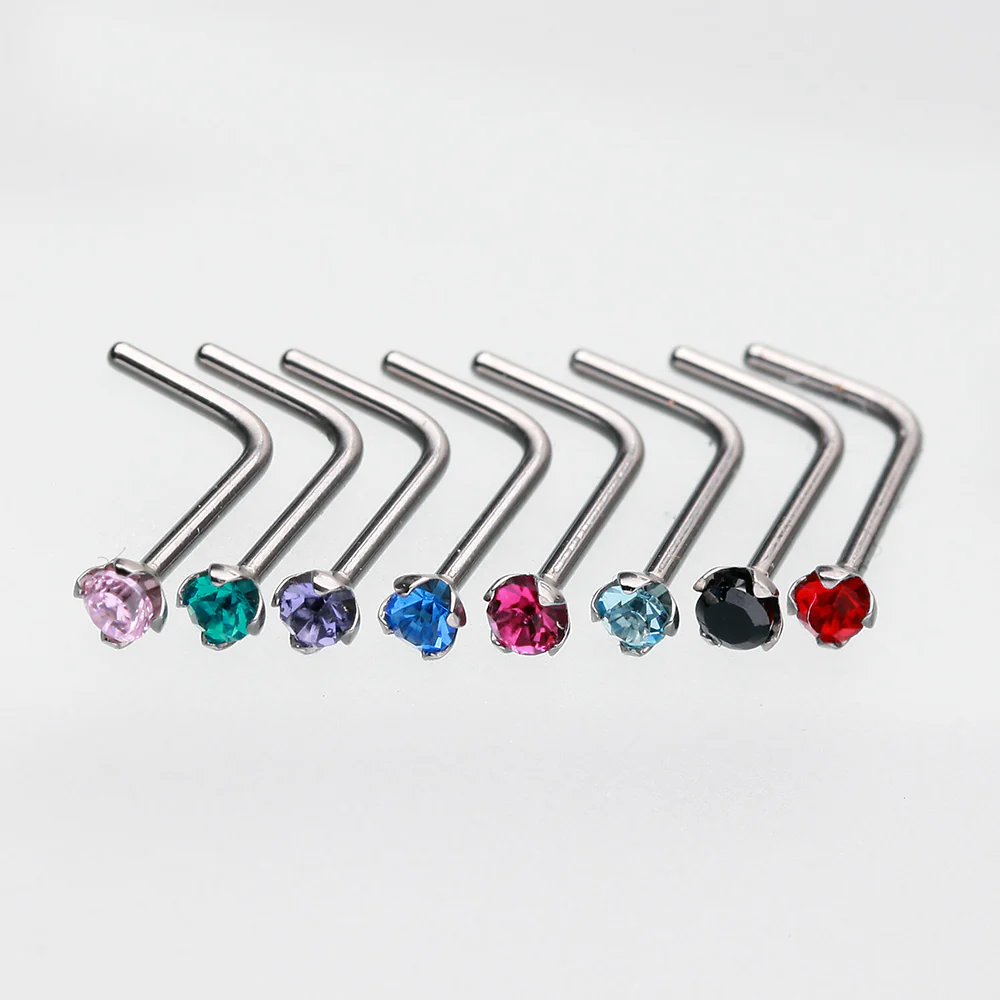 Prong Set Gem Top Steel L-Shaped Nose Ring - Image 3