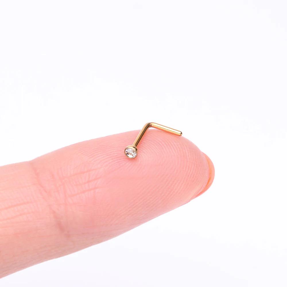 Pure24K Implant Grade Titanium Bezel Set Gem Top L-Shaped Nose Ring - Image 3