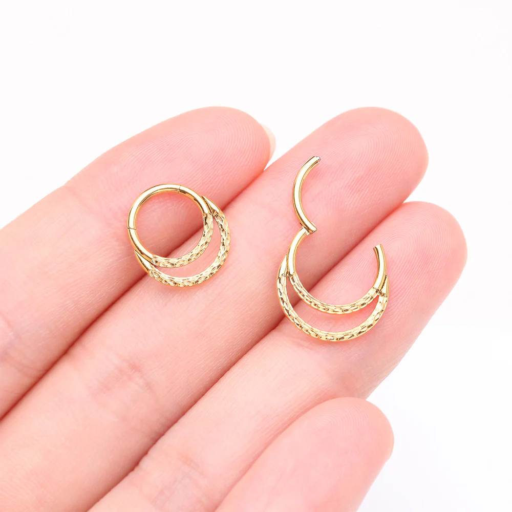 Pure24K Implant Grade Titanium Hammered Accent Double Loop Clicker Hoop Ring - Image 4