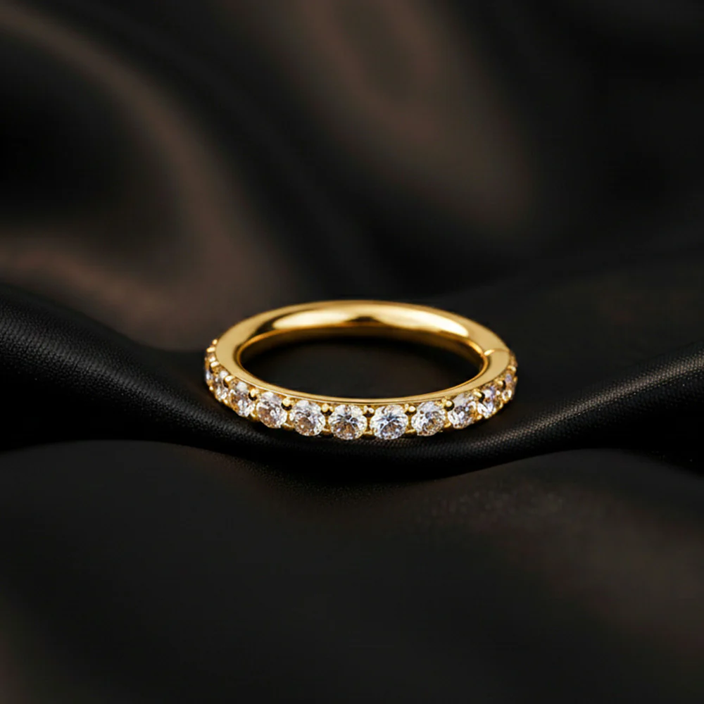 Pure24K Implant Grade Titanium Moissanite Sparkle Gems Lined Clicker Hoop Ring - Image 3
