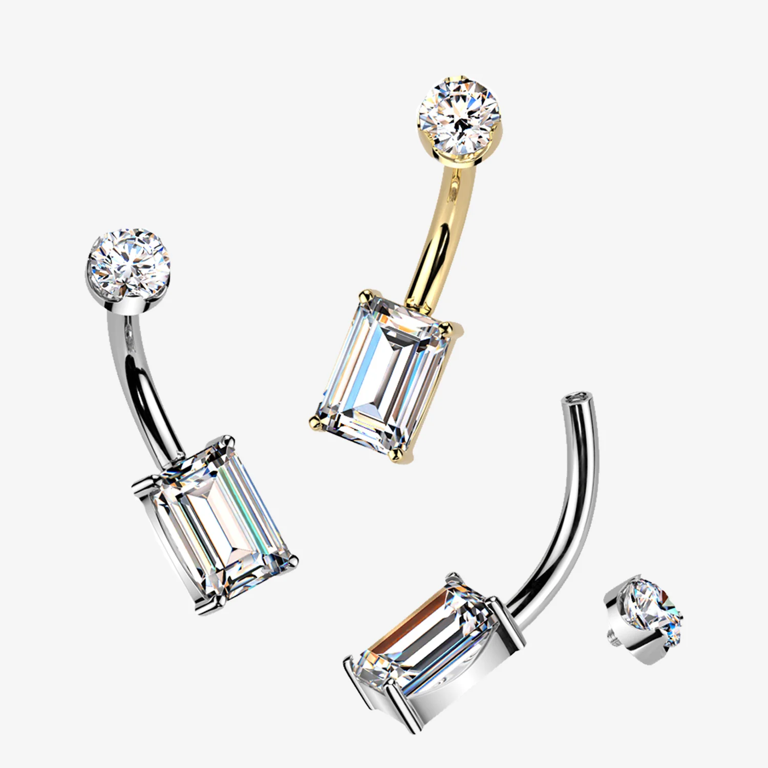 Pure24K Implant Grade Titanium Moissanite Emerald Cut Sparkle Internally Threaded Belly Button Ring - Image 2