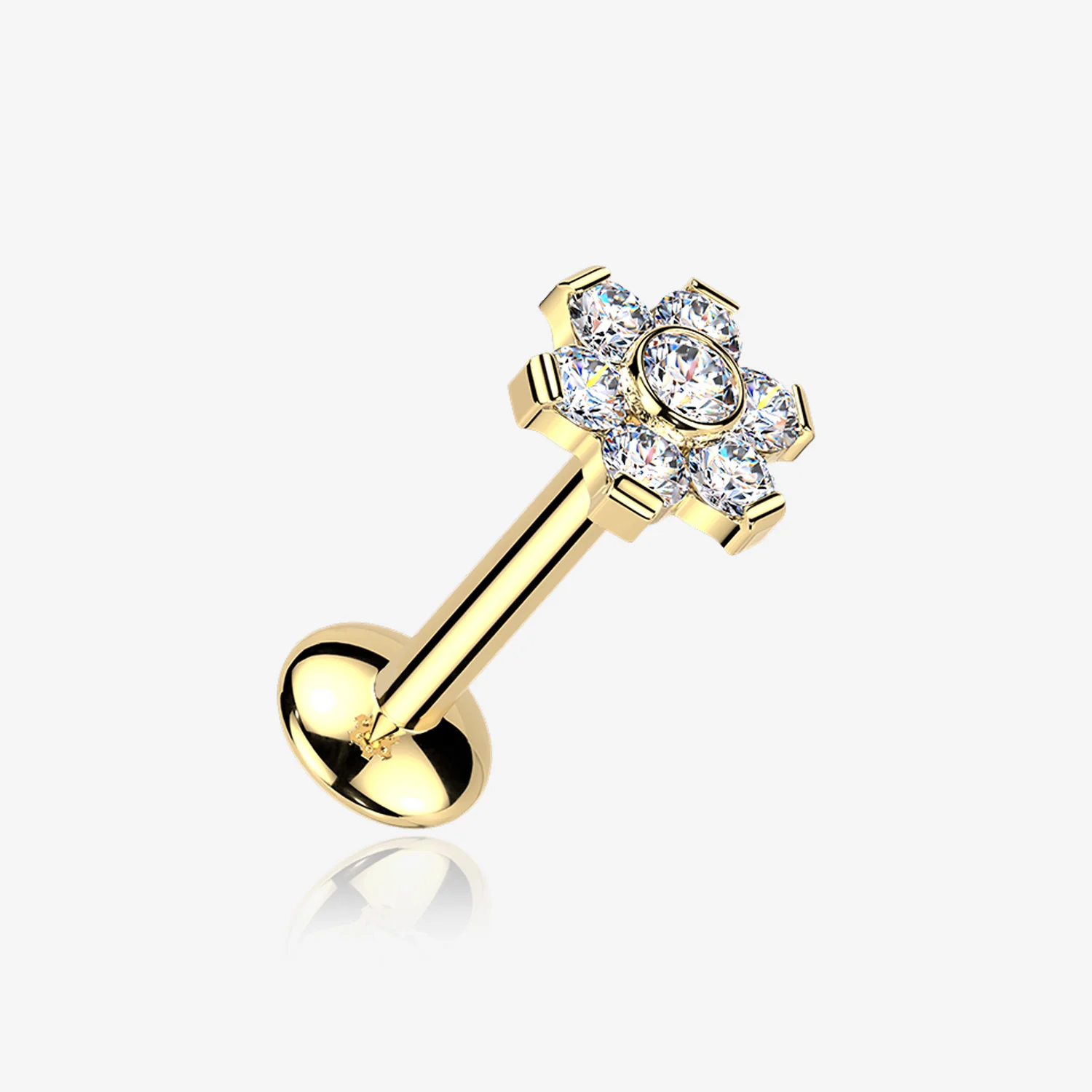 Pure24K Implant Grade Titanium OneFit Threadless Moissanite Flower Sparkle Flat Back Labret Stud