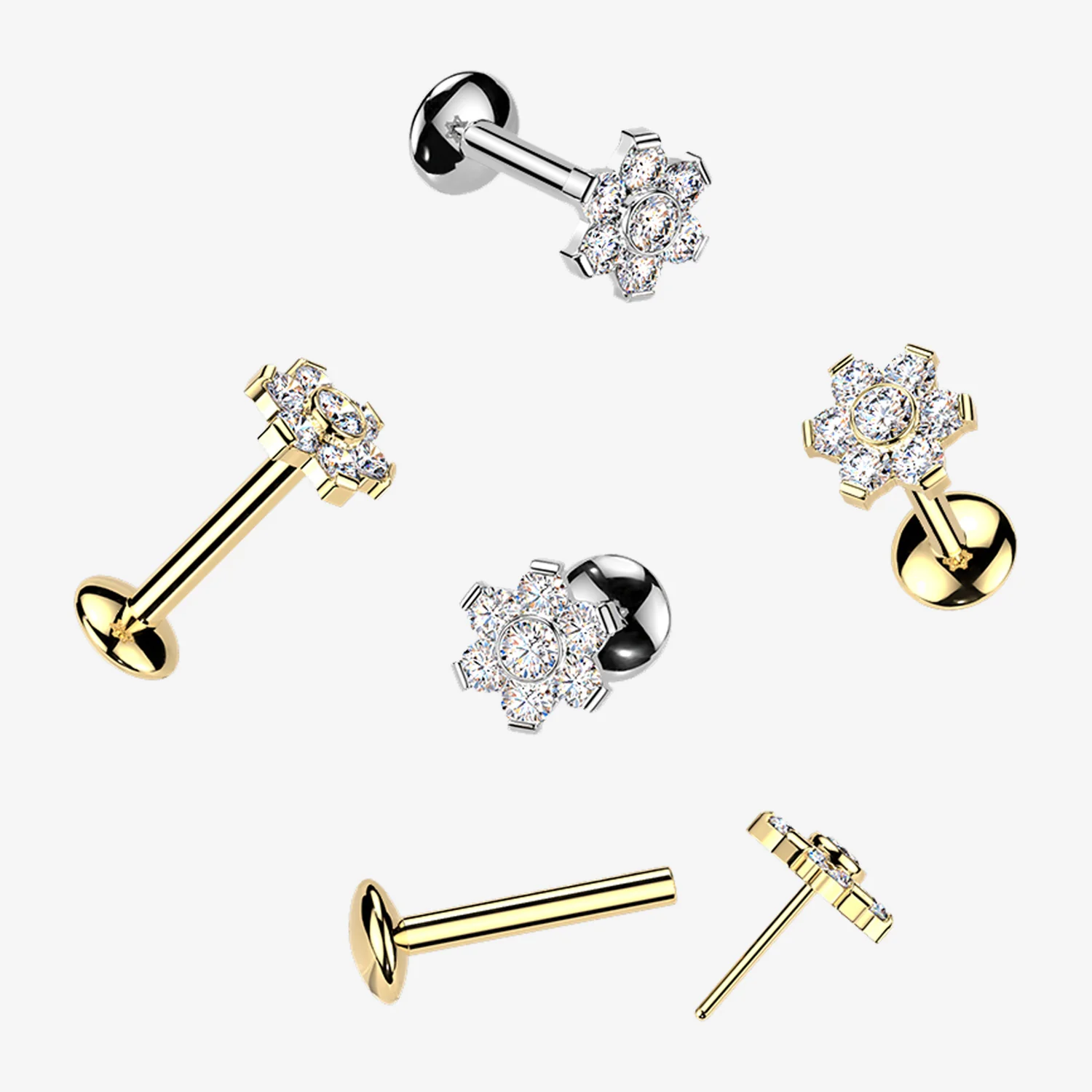 Pure24K Implant Grade Titanium OneFit Threadless Moissanite Flower Sparkle Flat Back Labret Stud - Image 2