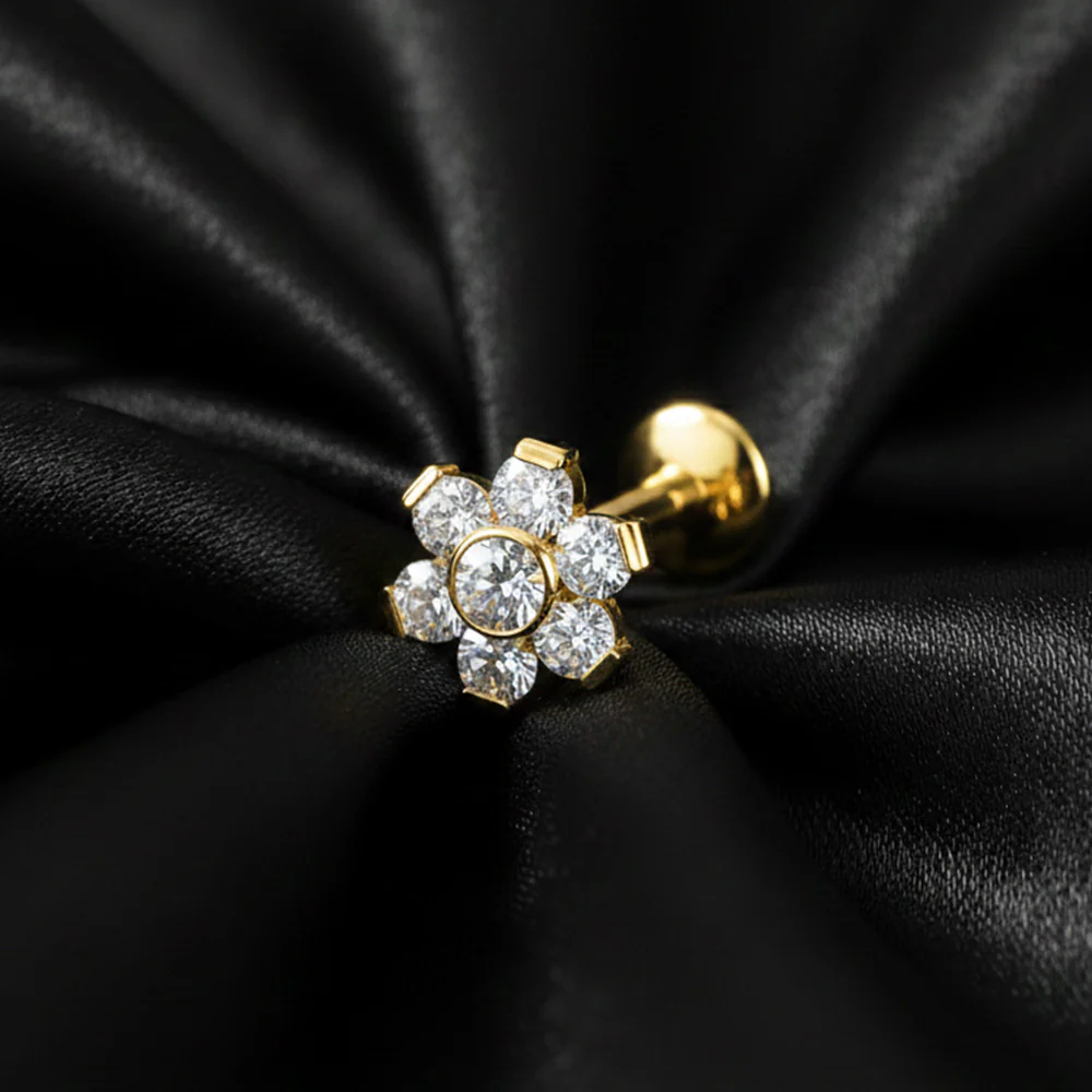 Pure24K Implant Grade Titanium OneFit Threadless Moissanite Flower Sparkle Flat Back Labret Stud - Image 3