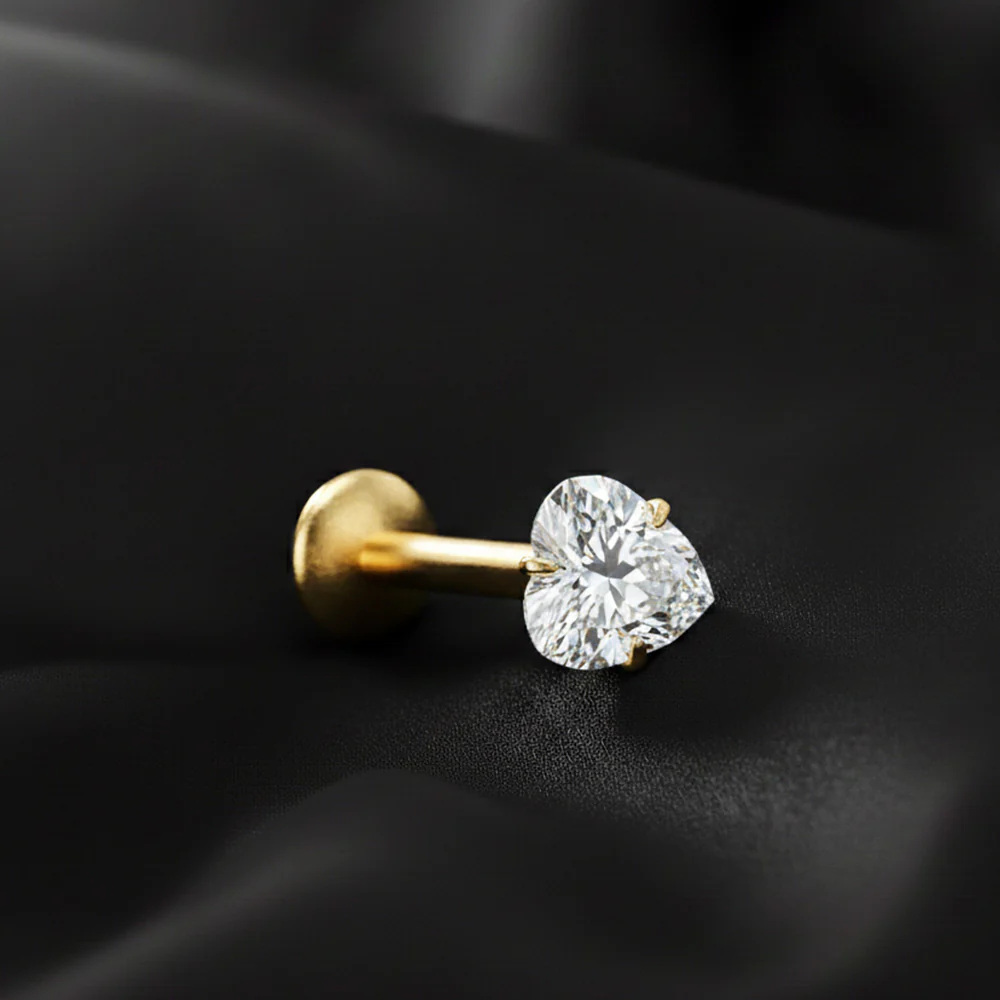 Pure24K Implant Grade Titanium OneFit Threadless Moissanite Heart Sparkle Flat Back Labret Stud - Image 3