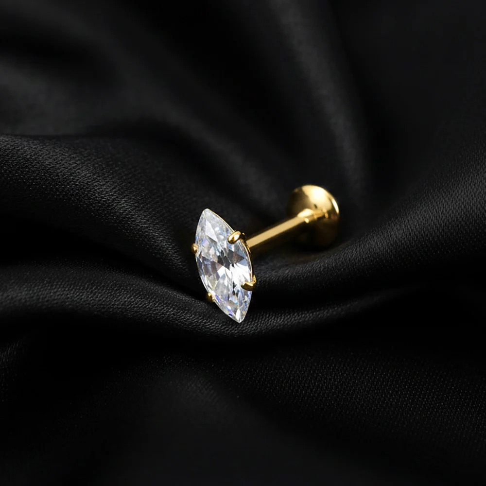 Pure24K Implant Grade Titanium OneFit Threadless Moissanite Marquise Sparkle Flat Back Labret Stud - Image 3