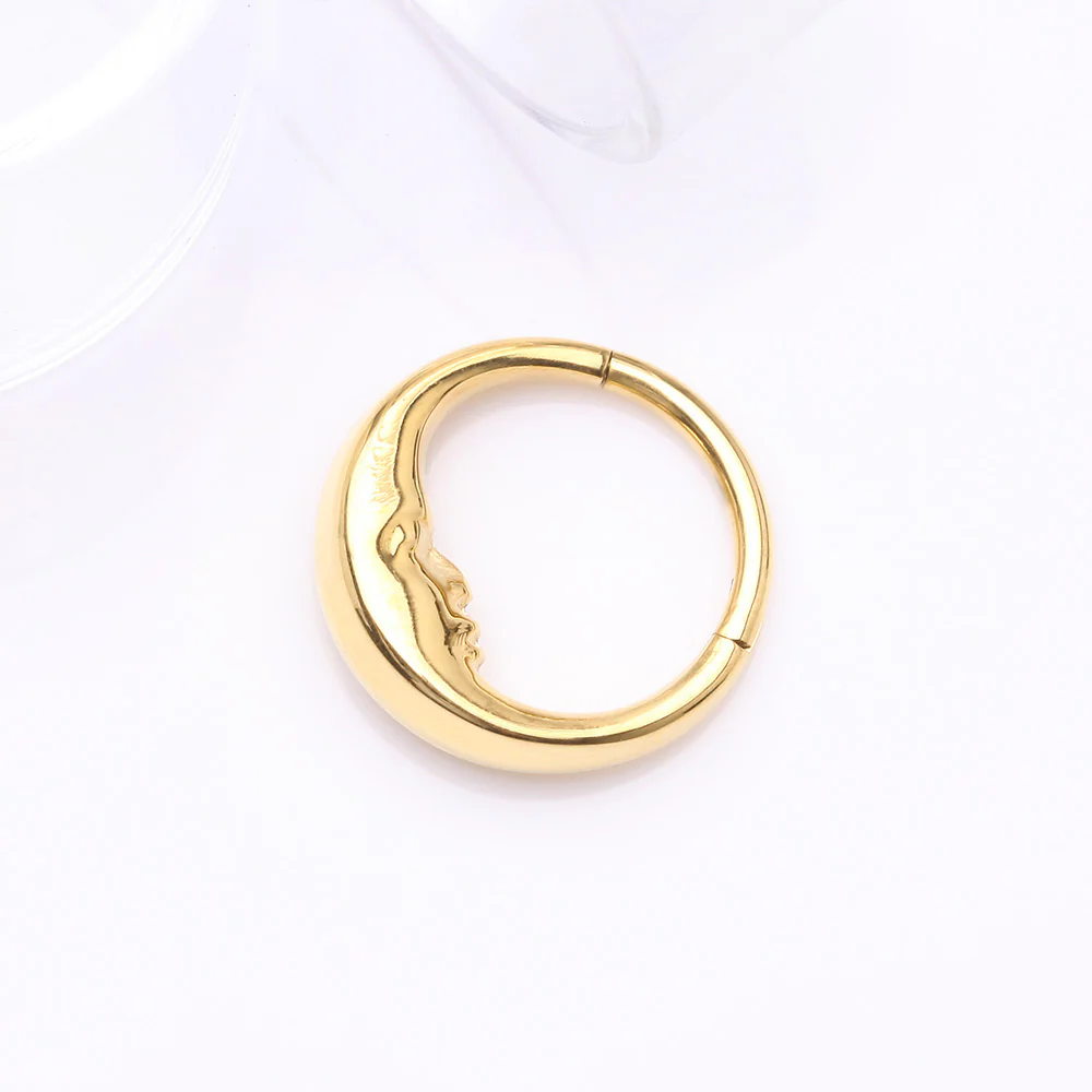 Pure24K Implant Grade Titanium Vintage Crescent Moon Face Clicker Hoop Ring - Image 3