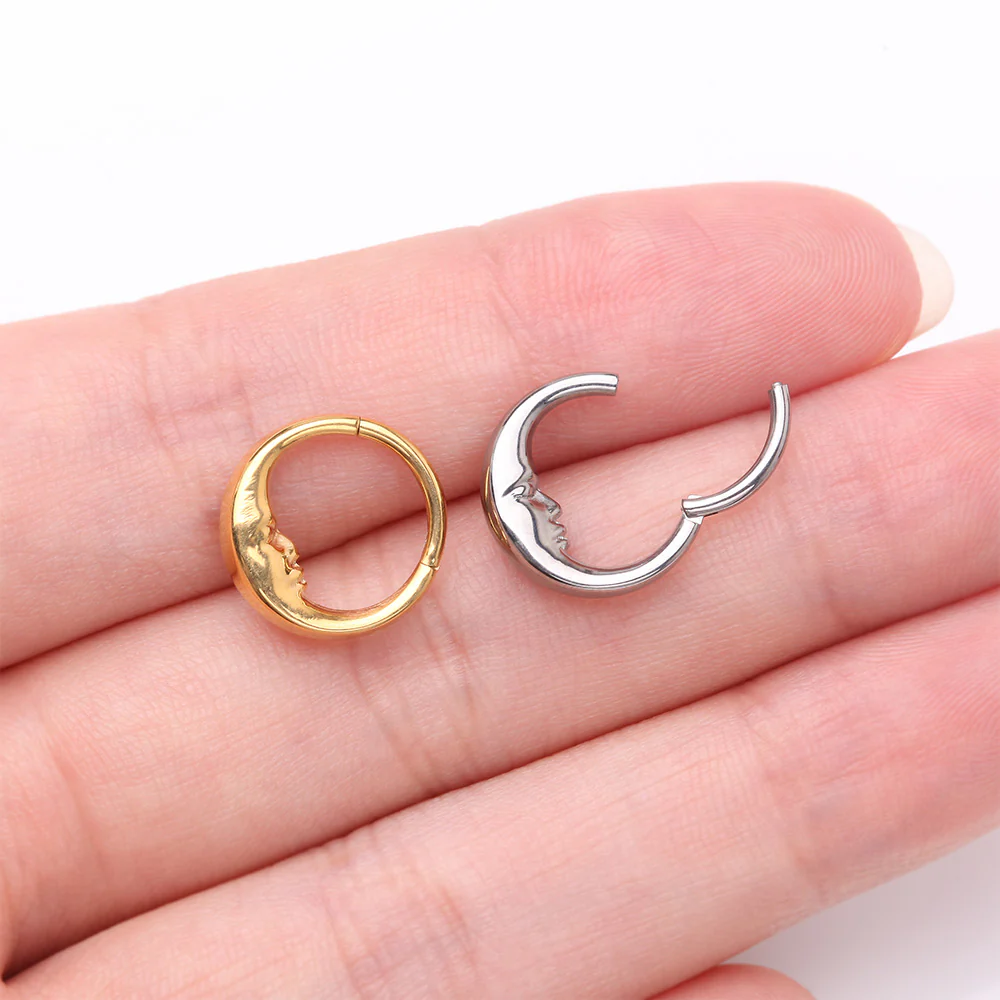 Pure24K Implant Grade Titanium Vintage Crescent Moon Face Clicker Hoop Ring - Image 4