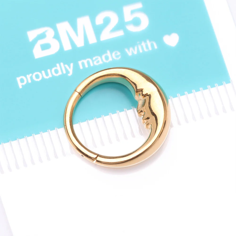 Pure24K Implant Grade Titanium Vintage Crescent Moon Face Clicker Hoop Ring - Image 5