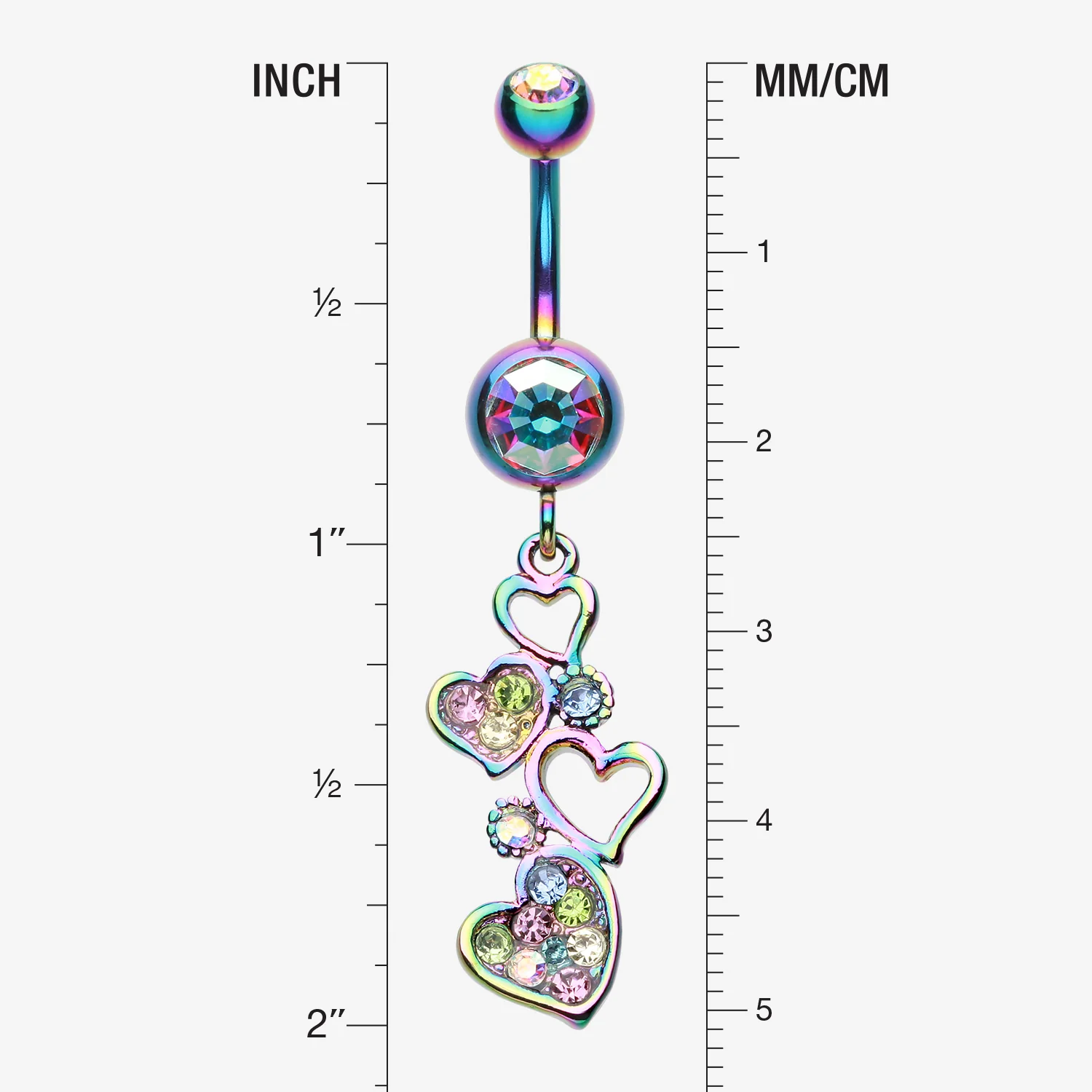 Rainbow Sparkling Heart Cluster Belly Button Ring - Image 2