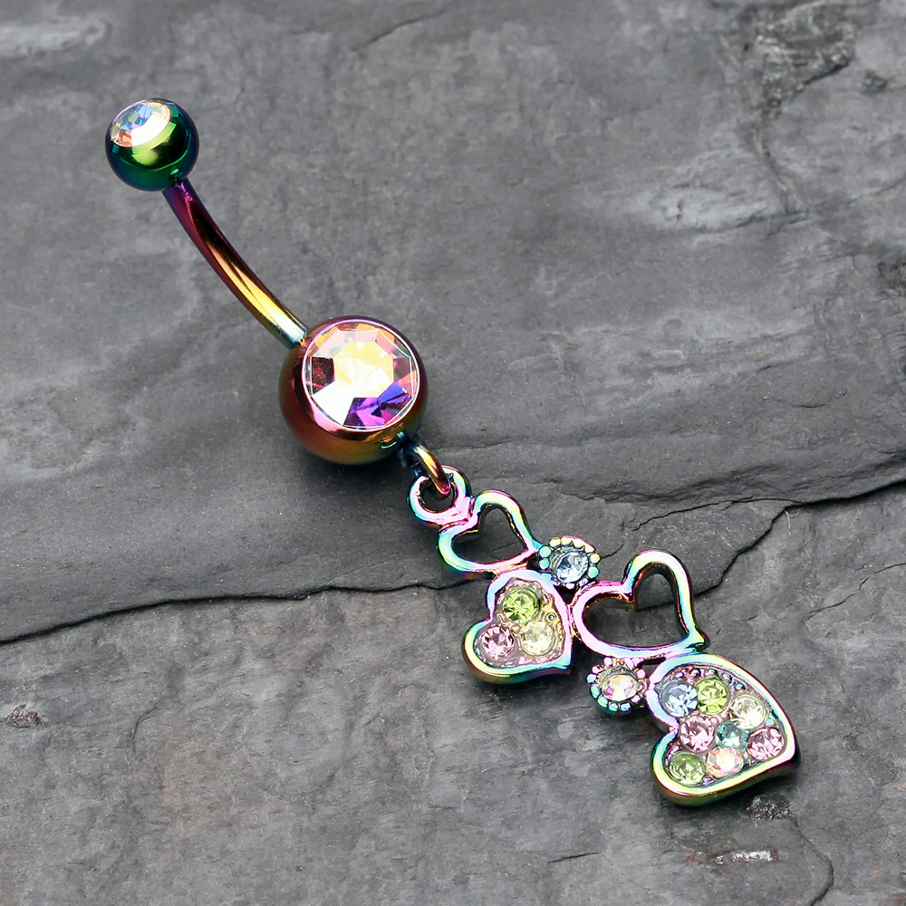 Rainbow Sparkling Heart Cluster Belly Button Ring - Image 3