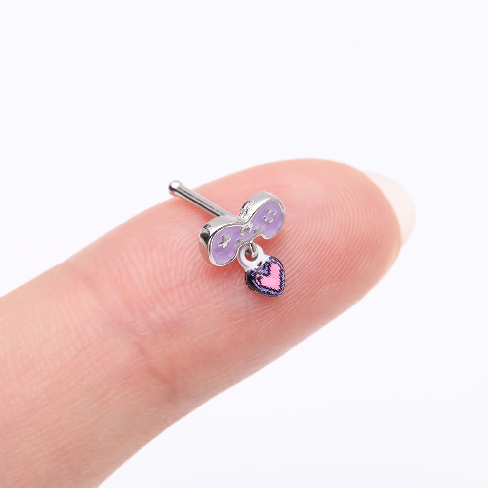 Retro Gamer Controller 8-Bit Pixel Heart Dangle Nose Stud Ring - Image 3