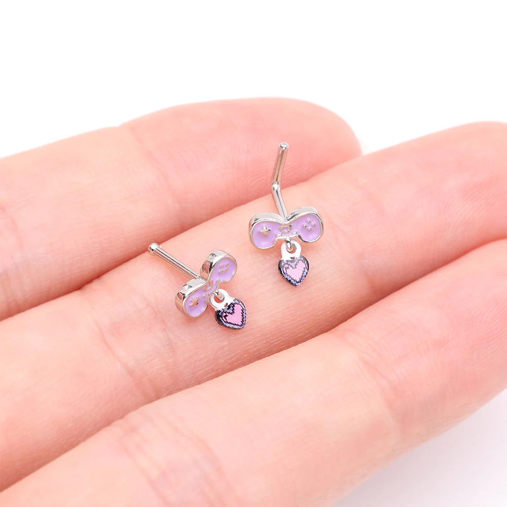 Retro Gamer Controller 8-Bit Pixel Heart Dangle Nose Stud Ring - Image 4