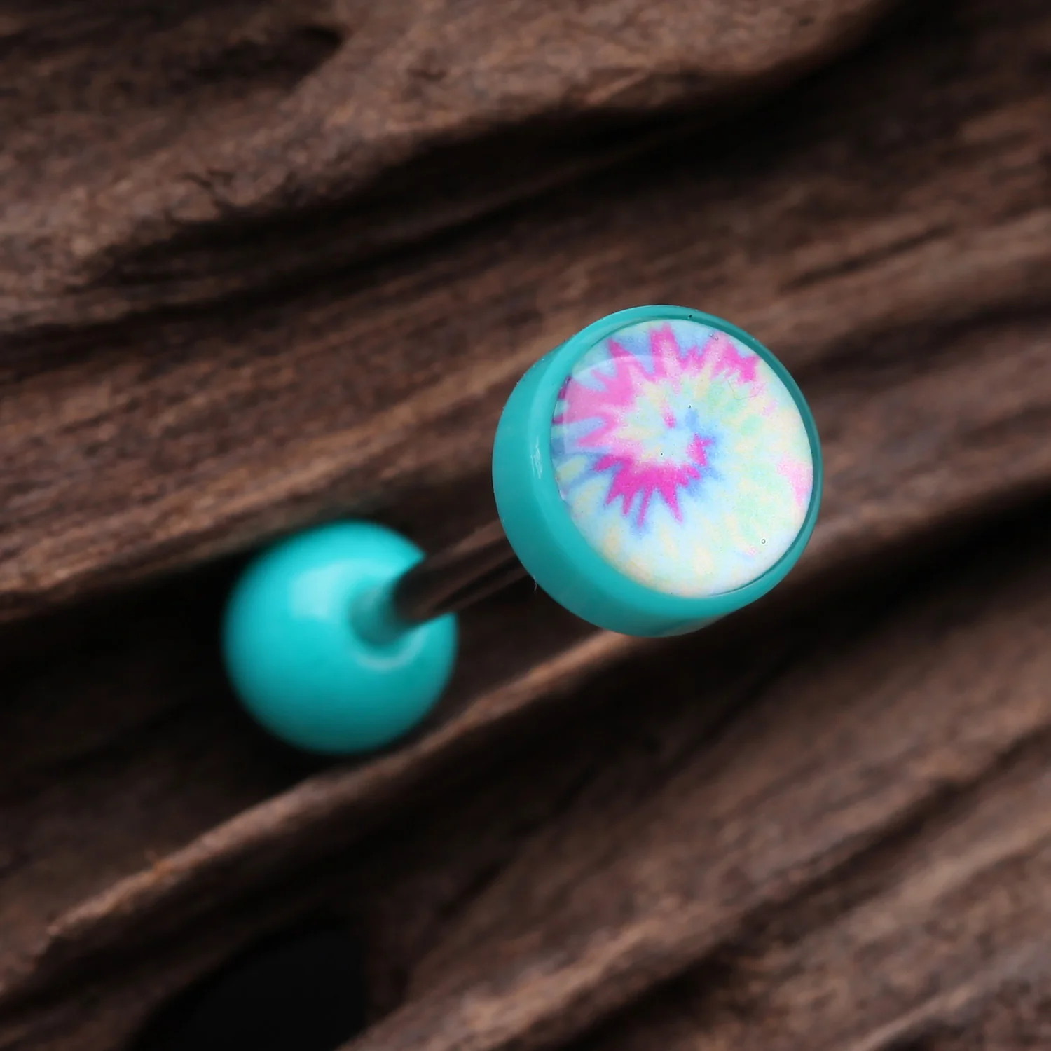 Retro Tie Dye Icon Top Acrylic Barbell Tongue Ring - Image 2