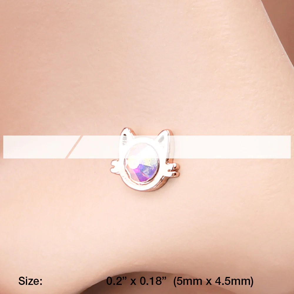 Rose Gold Adorable Cat Face Iridescent Sparkle Nose Stud Ring - Image 3