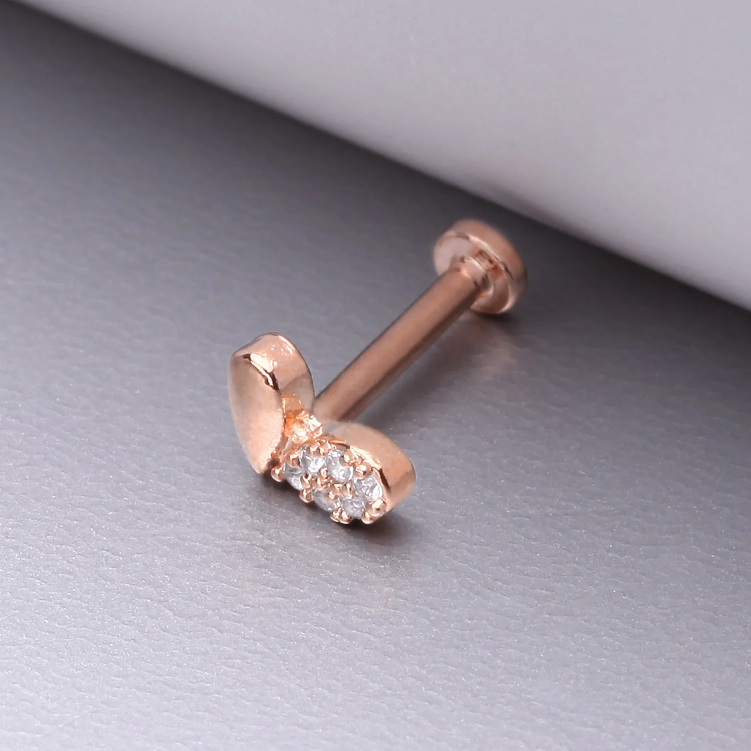 Rose Gold Adorable Heart Sprout Sparkle Internally Threaded Steel Flat Back Stud Labret - Image 2