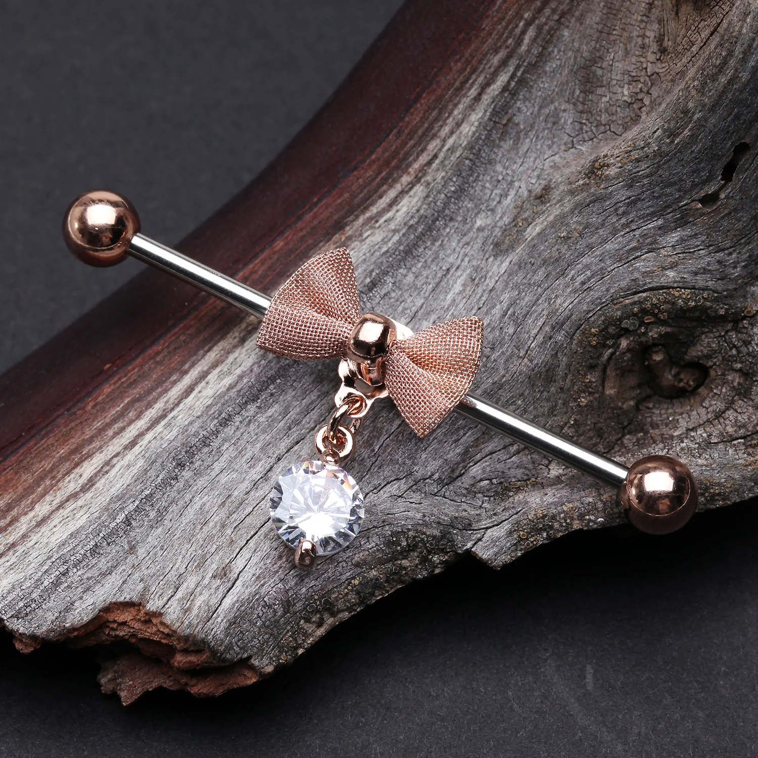 Rose Gold Adorable Mesh Bow-Tie Industrial Barbell - Image 2