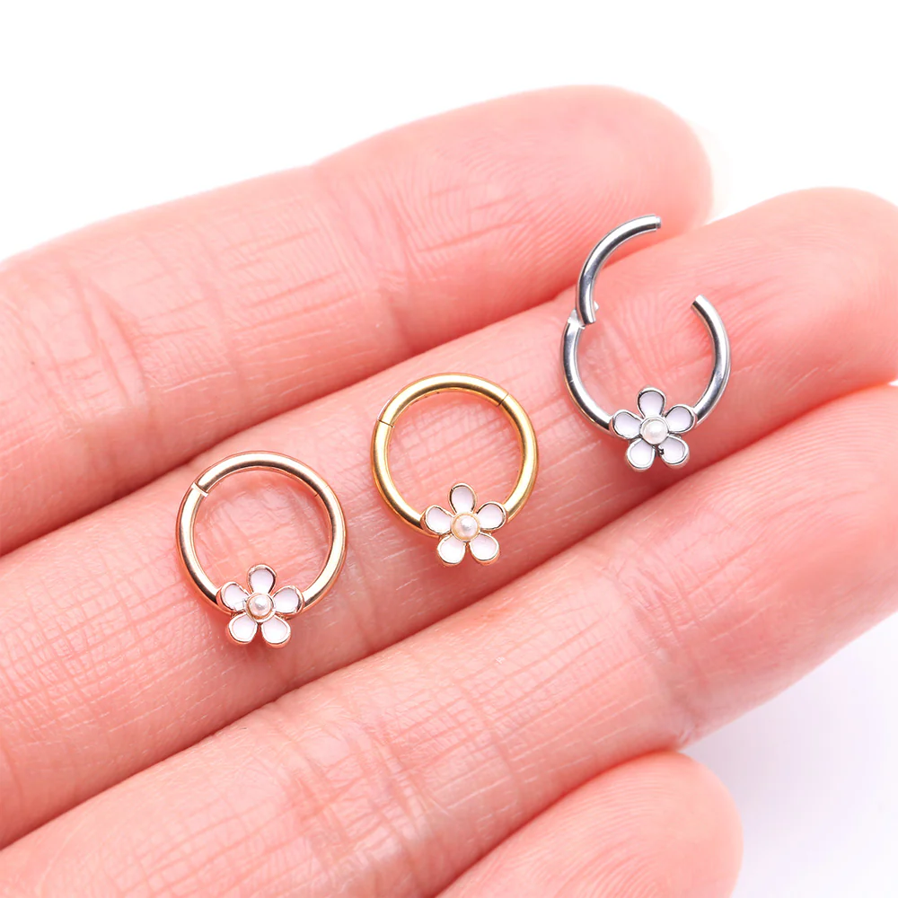 Rose Gold Adorable Pearlescent Flower Clicker Hoop Ring - Image 3