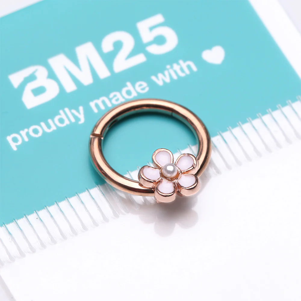 Rose Gold Adorable Pearlescent Flower Clicker Hoop Ring - Image 4