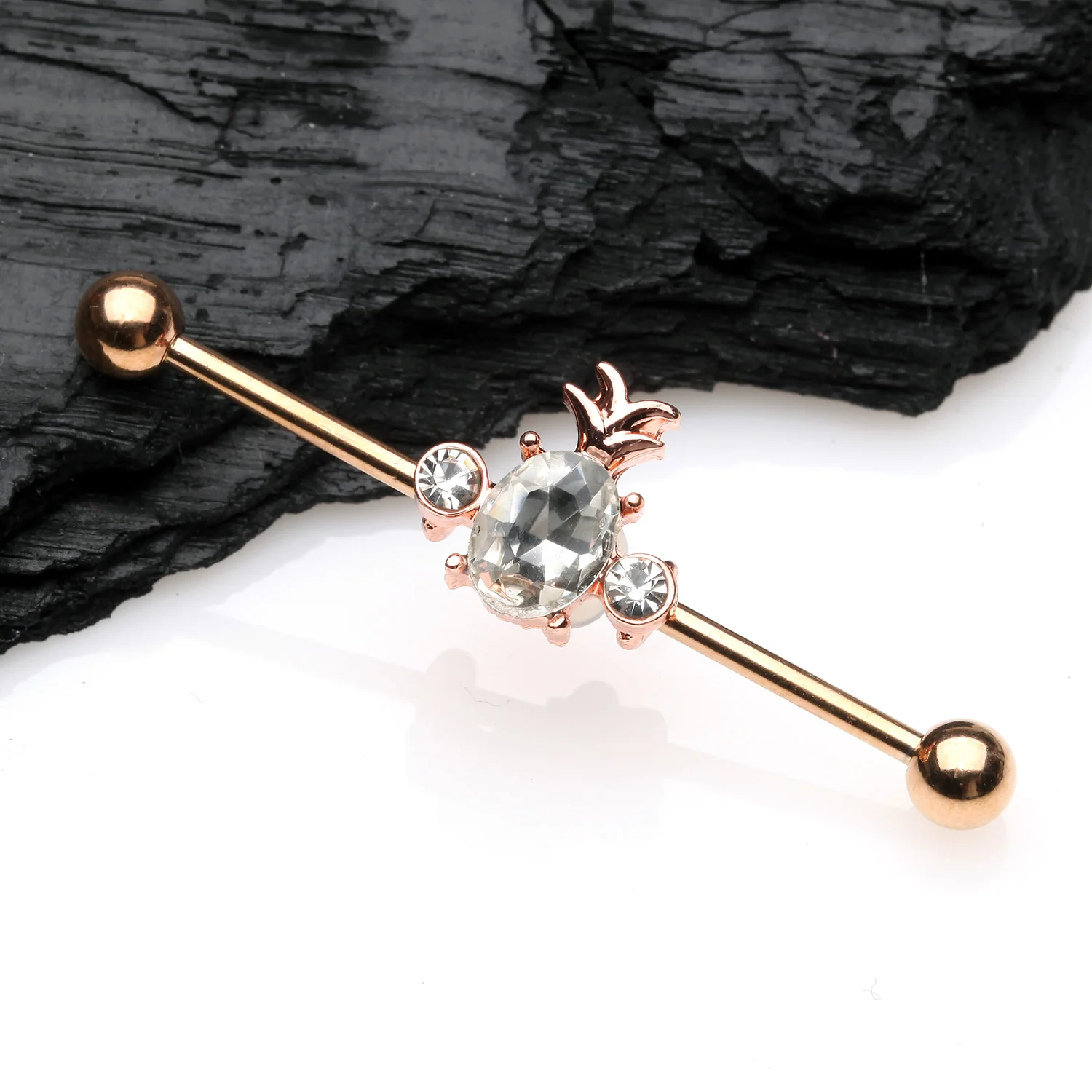 Rose Gold Adorable Pineapple Sparkle Industrial Barbell - Image 2