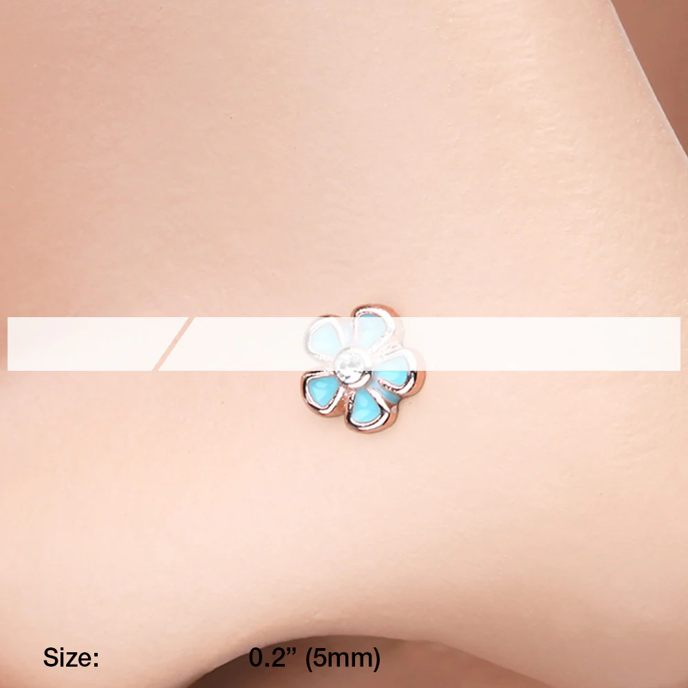 Rose Gold Adorable Plumbago Flower Sparkle Nose Stud Ring - Image 3