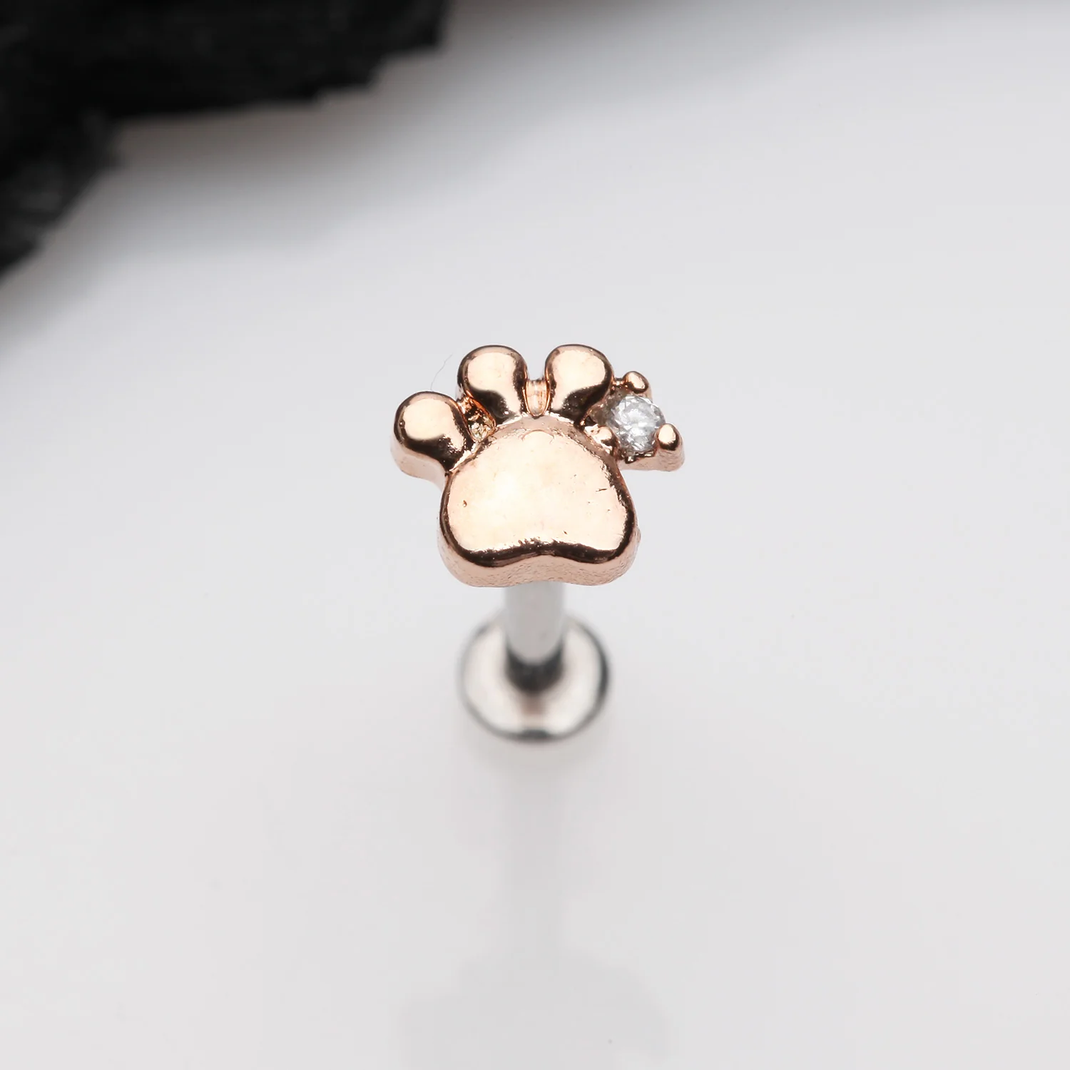 Rose Gold Adorable Sparkle Paw Top Threadless Push-In Steel Labret - Image 2