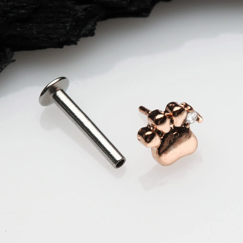 Rose Gold Adorable Sparkle Paw Top Threadless Push-In Steel Labret - Image 3
